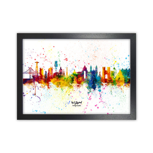 Lisbon Portugal Skyline Splash Art Print by Michael Tompsett Black Grain