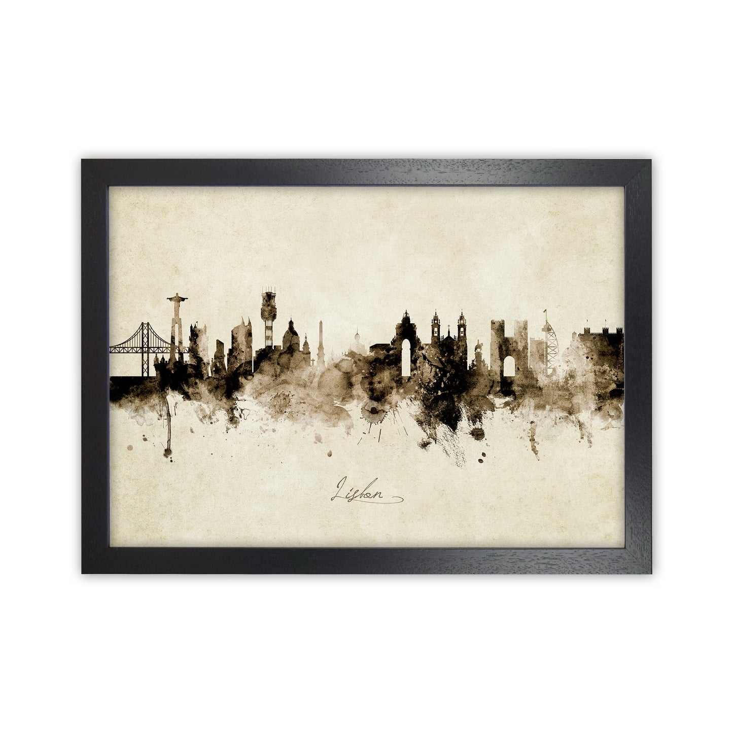 Lisbon Portugal Skyline Vintage Art Print by Michael Tompsett Black Grain