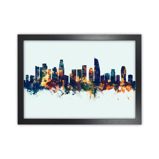 Los Angeles California Skyline Blue Orange Art Print by Michael Tompsett Black Grain