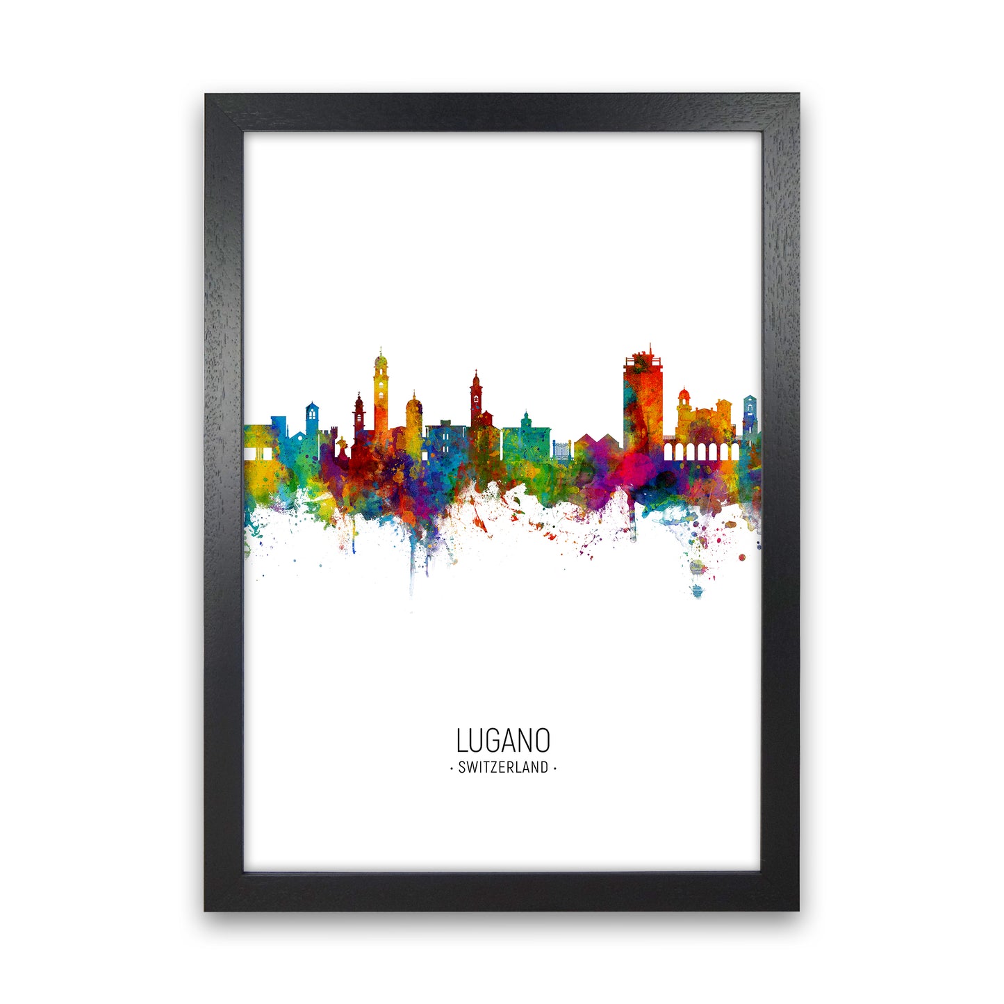 Lugano Switzerland Skyline Portrait Art Print by Michael Tompsett Black Grain
