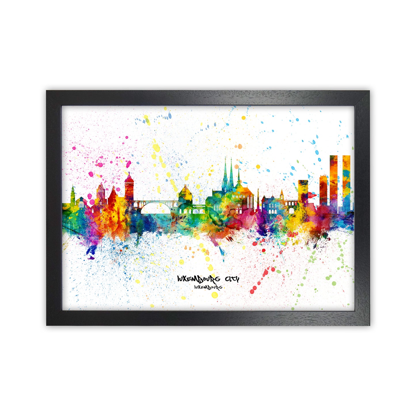Luxembourg City Luxembourg Skyline Splash Art Print by Michael Tompsett Black Grain