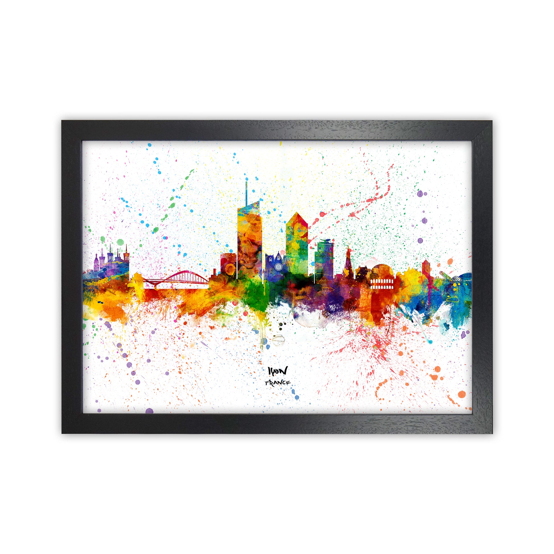 Lyon France Skyline Splash Art Print by Michael Tompsett Black Grain