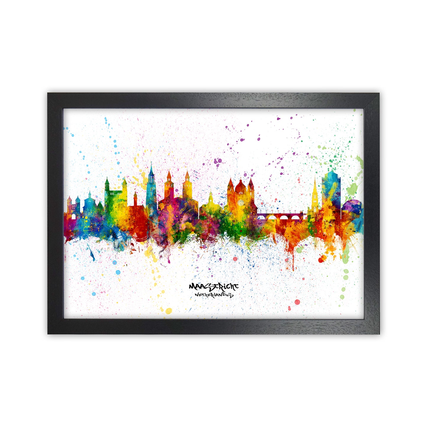 Maastricht Netherlands Skyline Splash Art Print by Michael Tompsett Black Grain