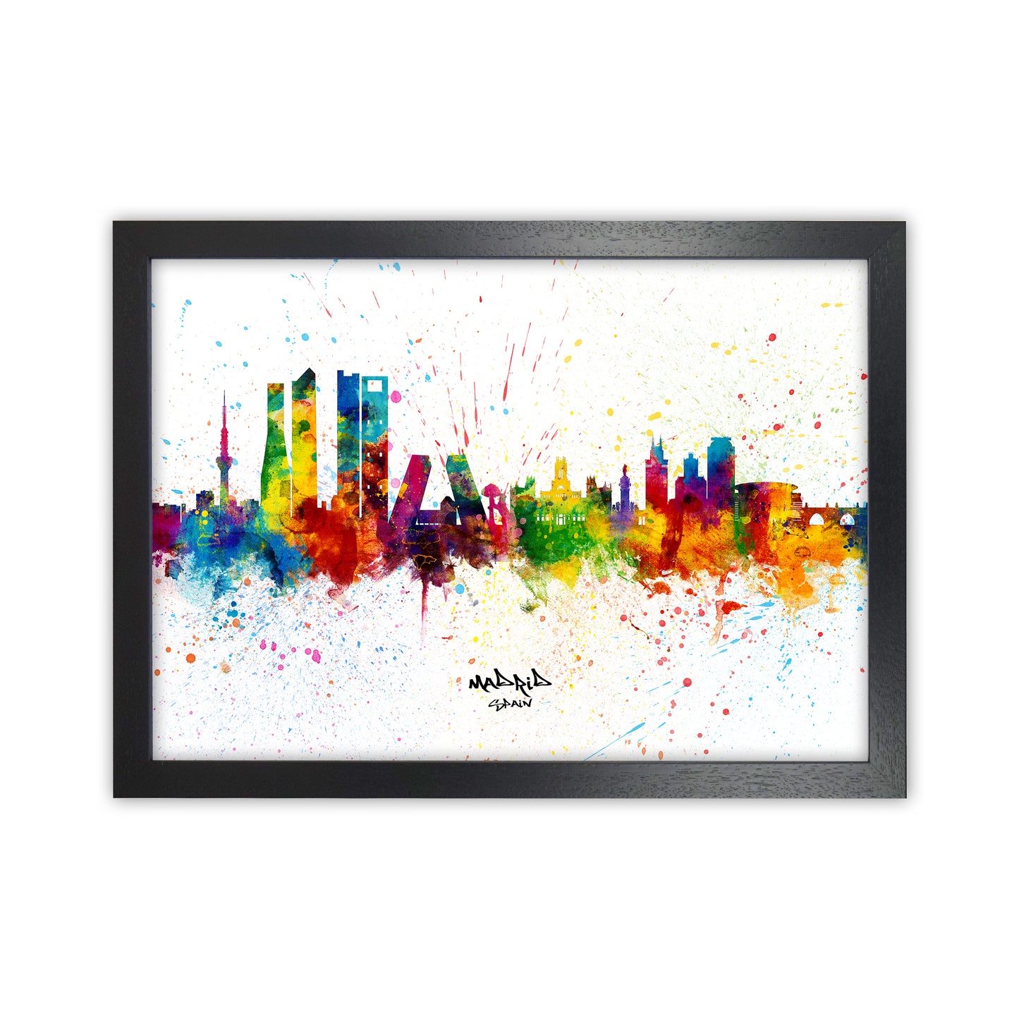 Madrid Spain Skyline Splash Art Print by Michael Tompsett Black Grain