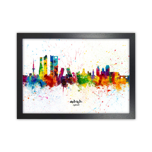 Madrid Spain Skyline Splash Art Print by Michael Tompsett Black Grain
