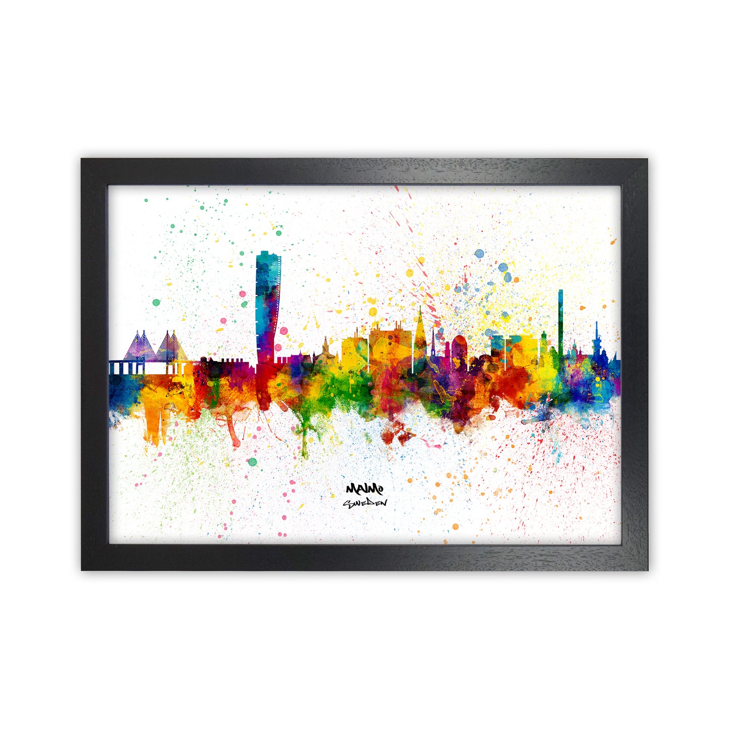 Malmo Sweden Skyline Splash Art Print by Michael Tompsett Black Grain