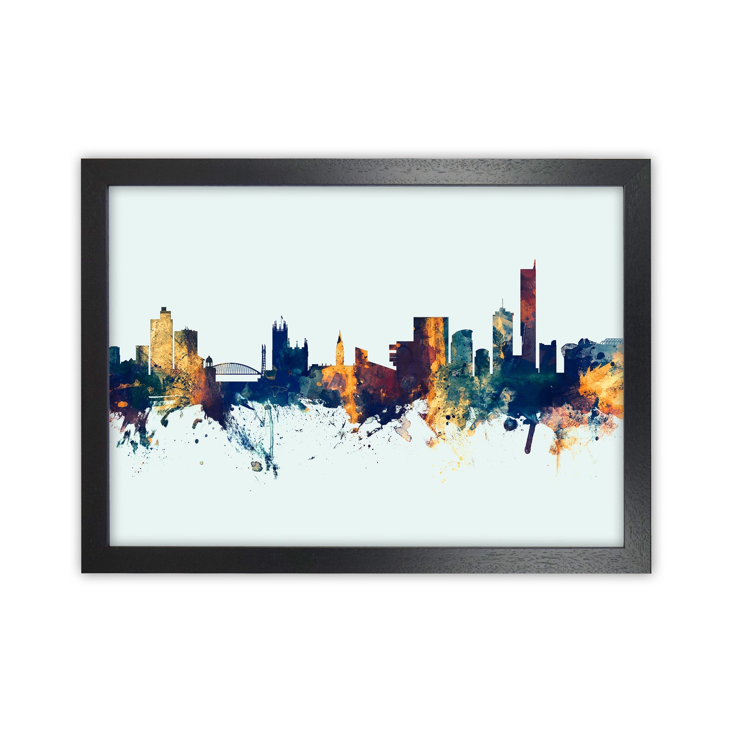 Manchester England Skyline Blue Orange Art Print by Michael Tompsett Black Grain