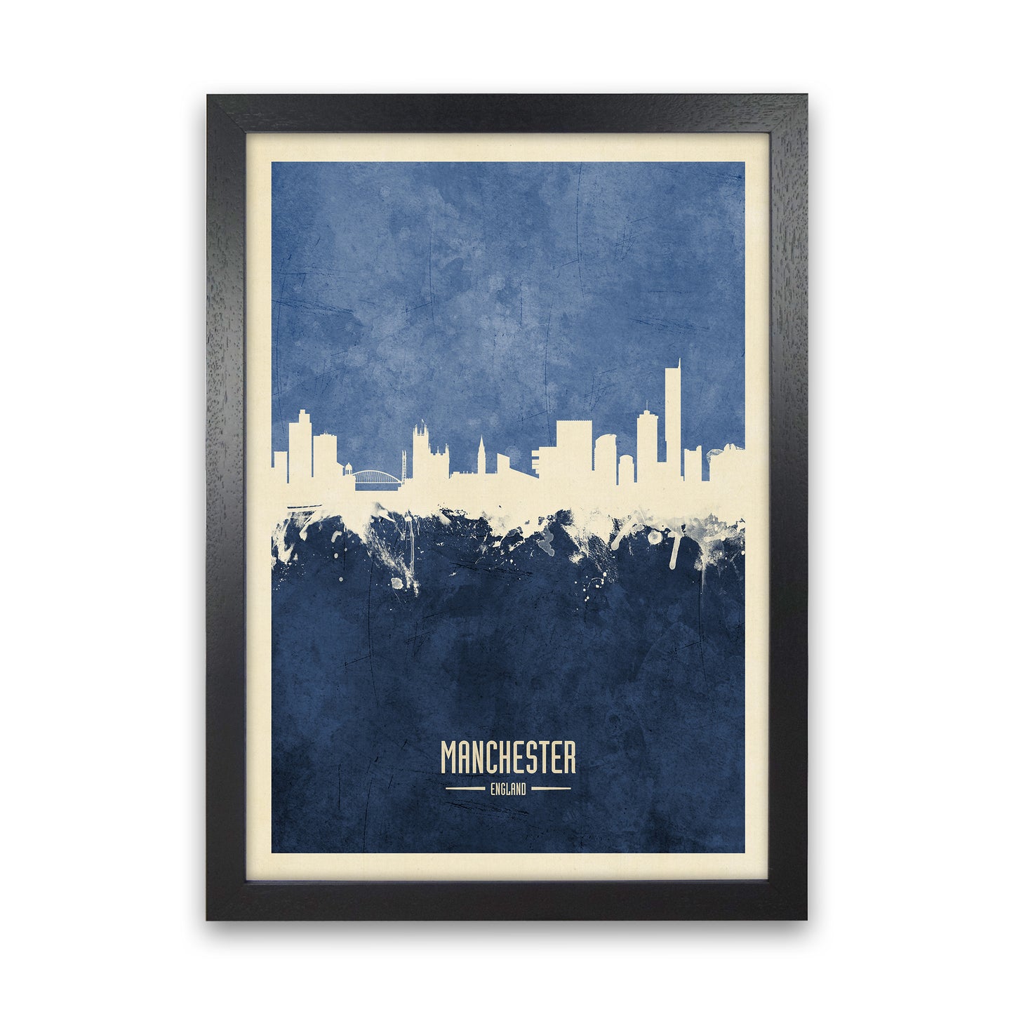Manchester England Skyline Portrait Navy Art Print by Michael Tompsett Black Grain