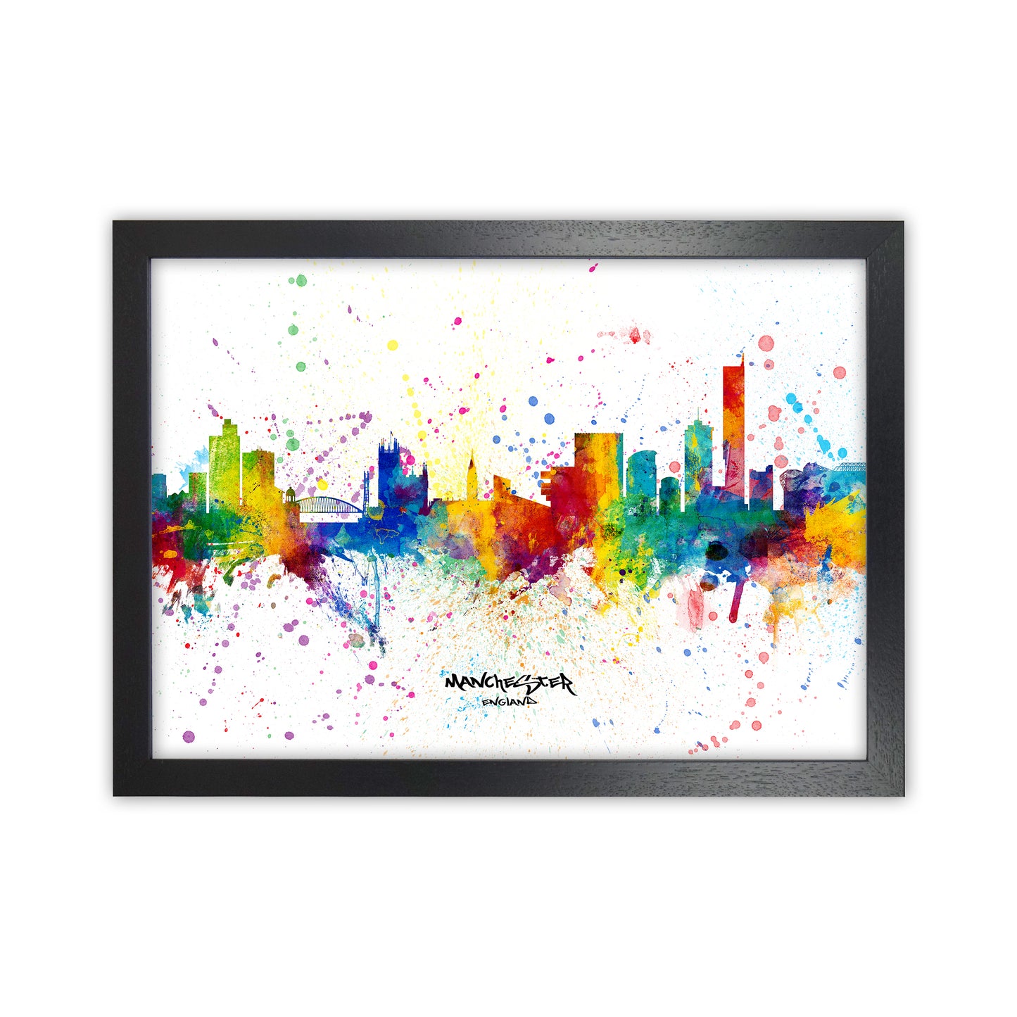 Manchester England Skyline Splash Art Print by Michael Tompsett Black Grain