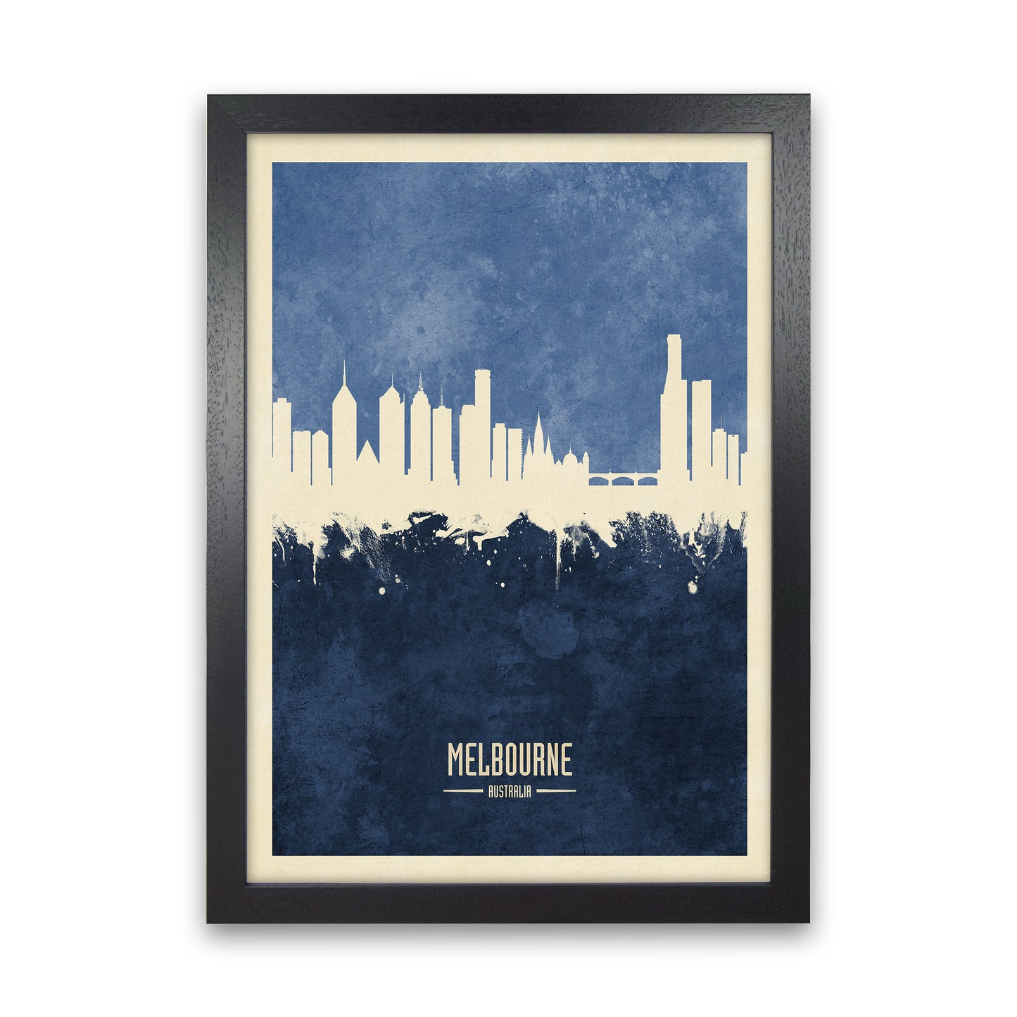 Melbourne Australia Skyline Portrait Navy Art Print by Michael Tompsett Black Grain