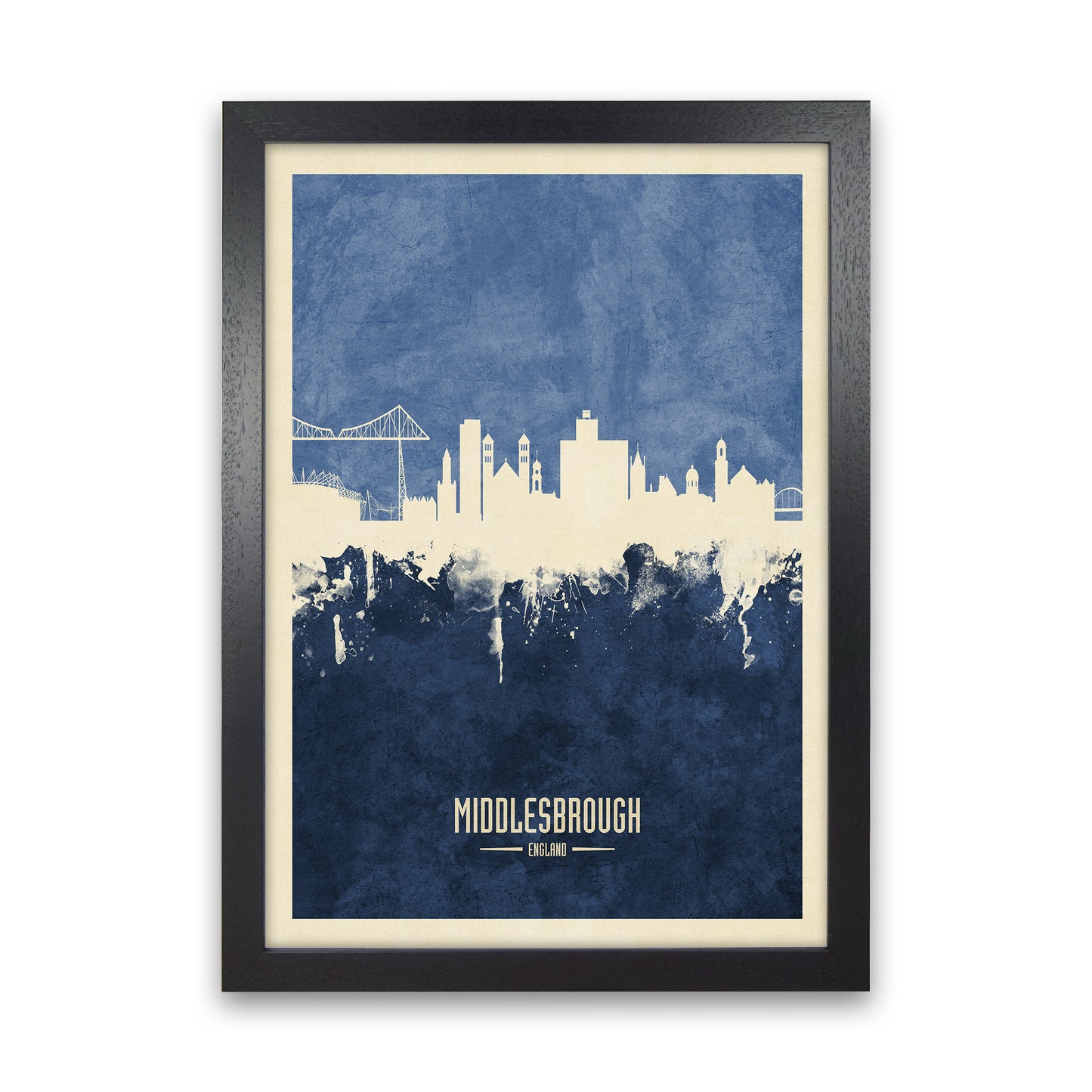 Middlesbrough England Skyline Portrait Navy Art Print by Michael Tompsett Black Grain
