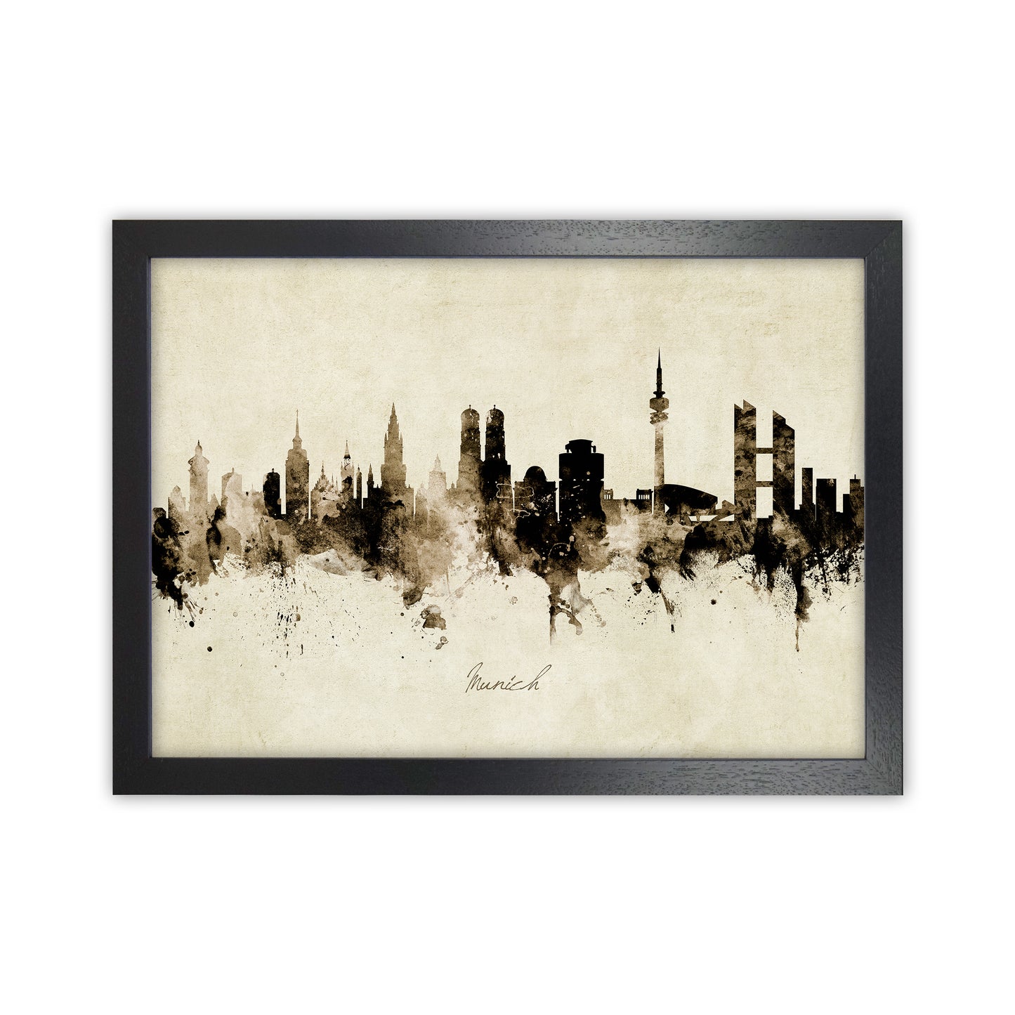 Munich Germany Skyline Vintage Art Print by Michael Tompsett Black Grain