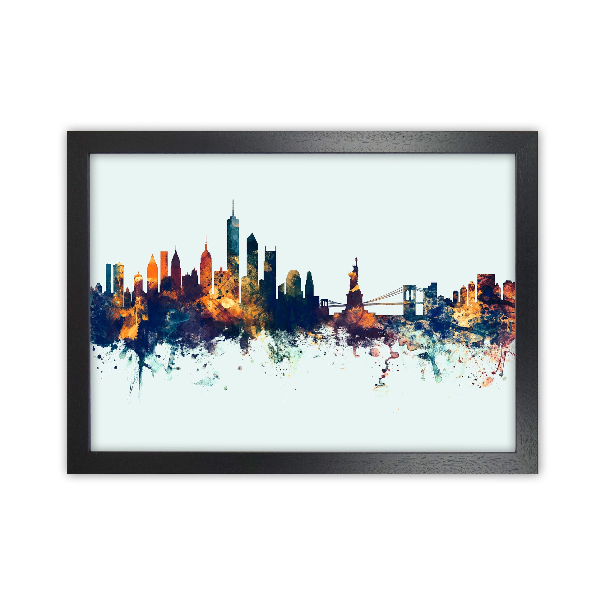 New York New York Skyline Blue Orange Art Print by Michael Tompsett Black Grain
