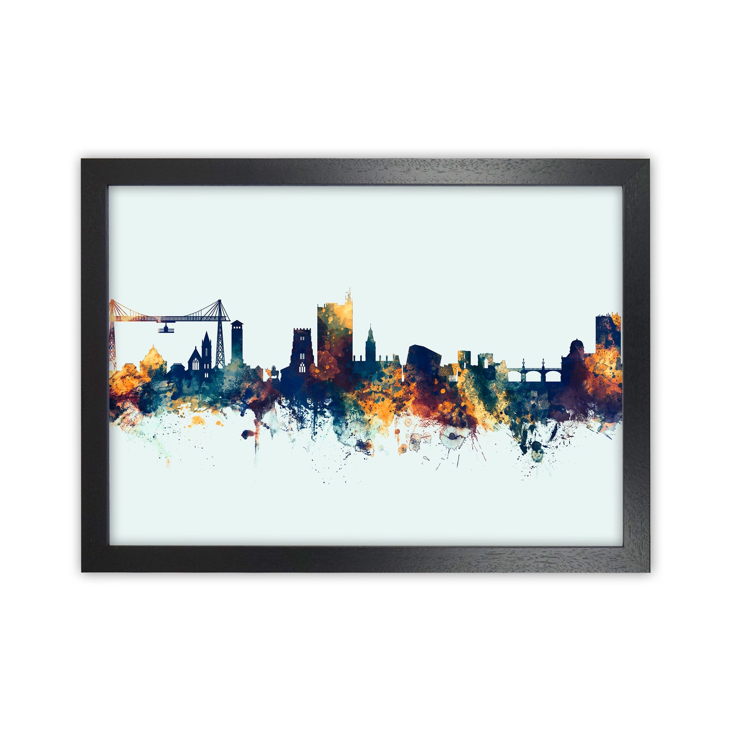 Newport Wales Skyline Blue Orange Art Print by Michael Tompsett Black Grain