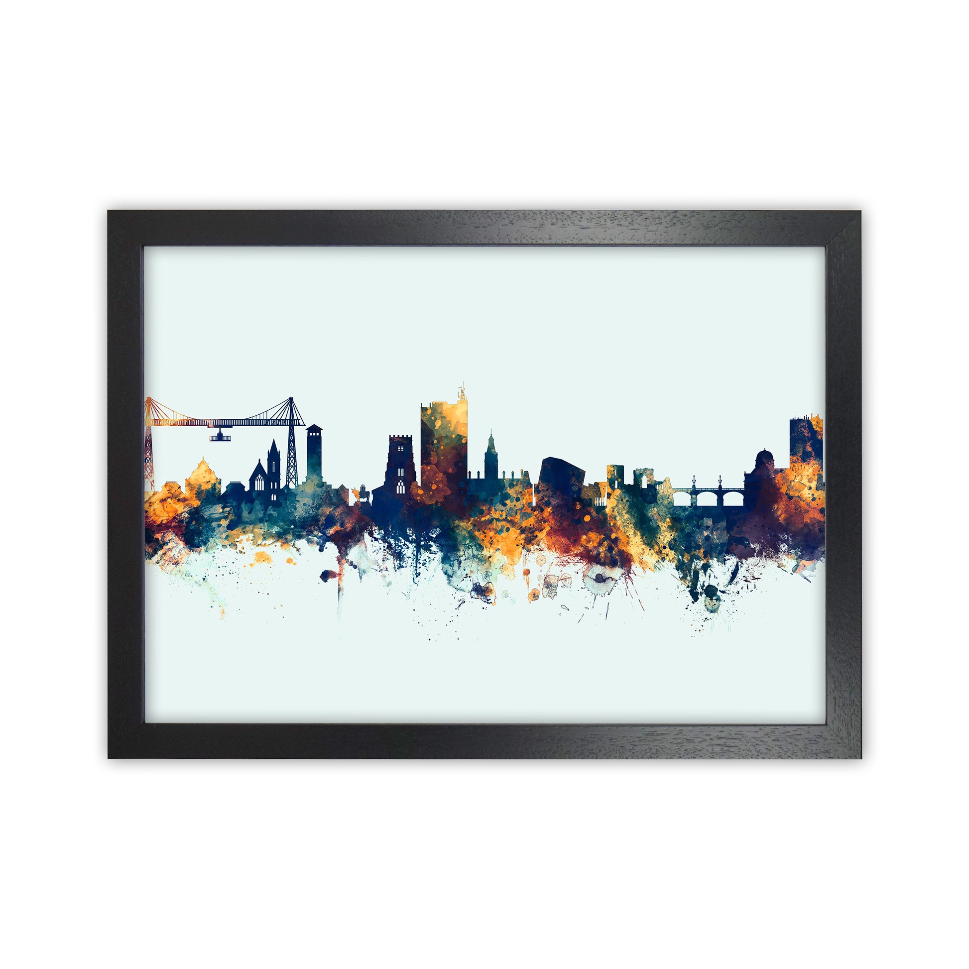Newport Wales Skyline Blue Orange Art Print by Michael Tompsett Black Grain