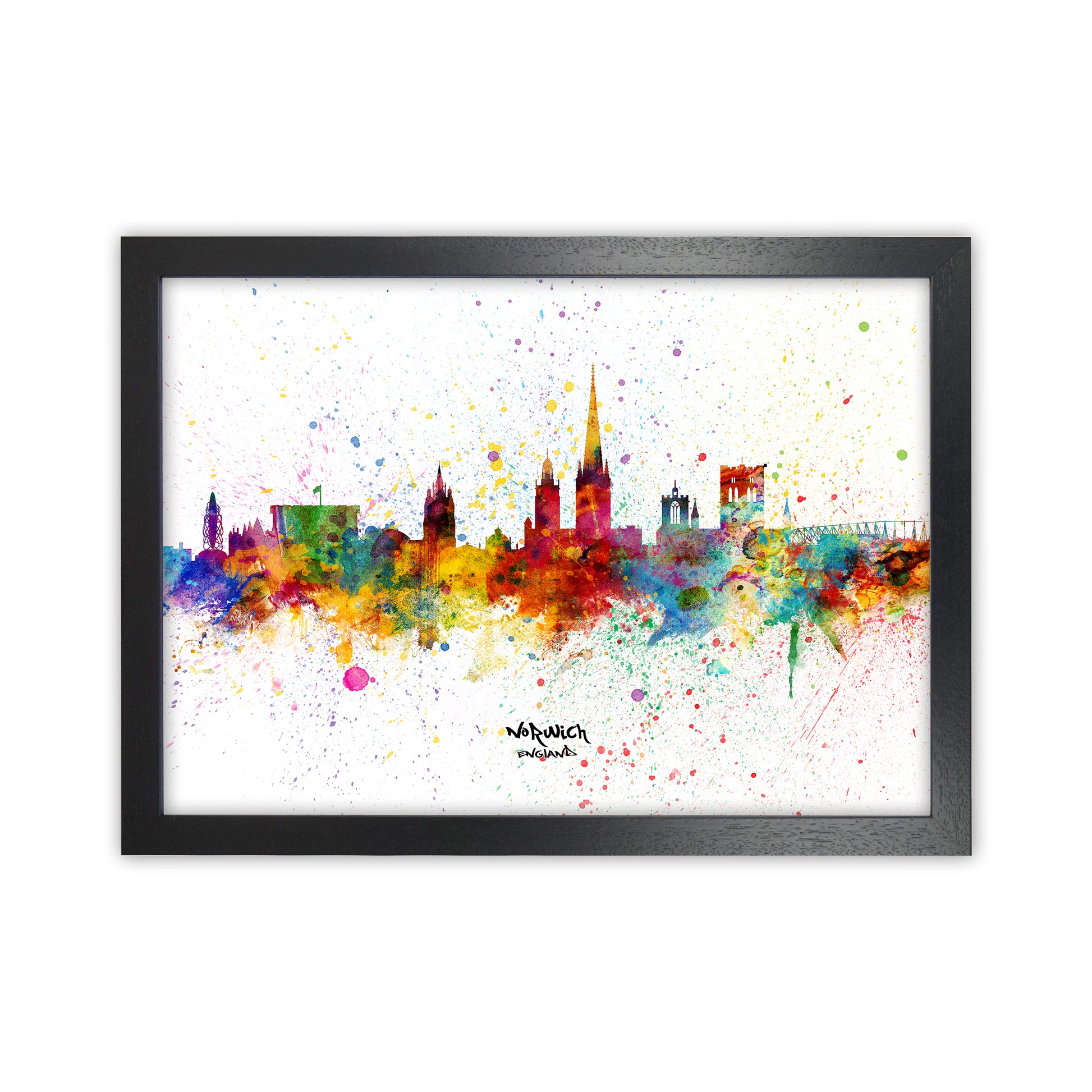 Norwich England Skyline Splash Art Print by Michael Tompsett Black Grain