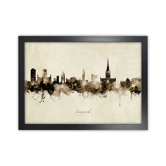 Norwich England Skyline Vintage Art Print by Michael Tompsett Black Grain