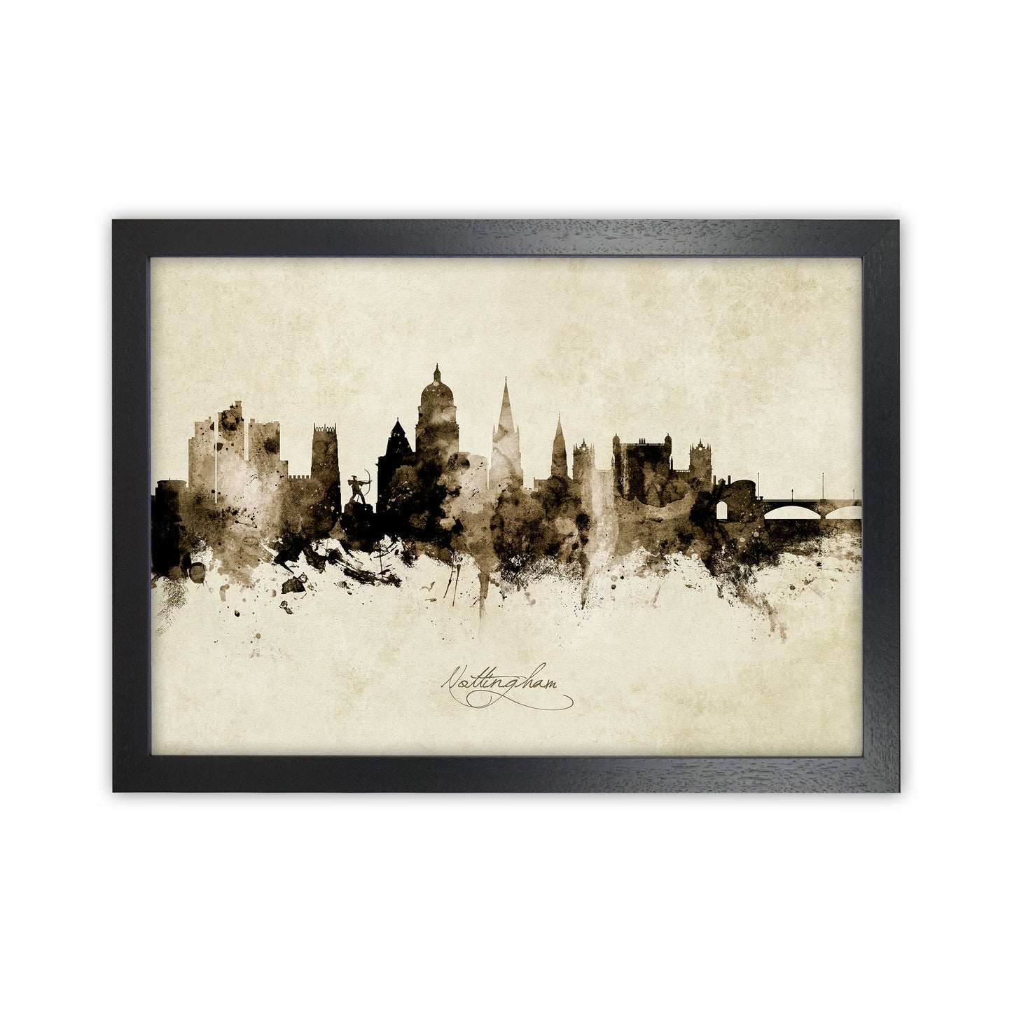 Nottingham England Skyline Vintage Art Print by Michael Tompsett Black Grain