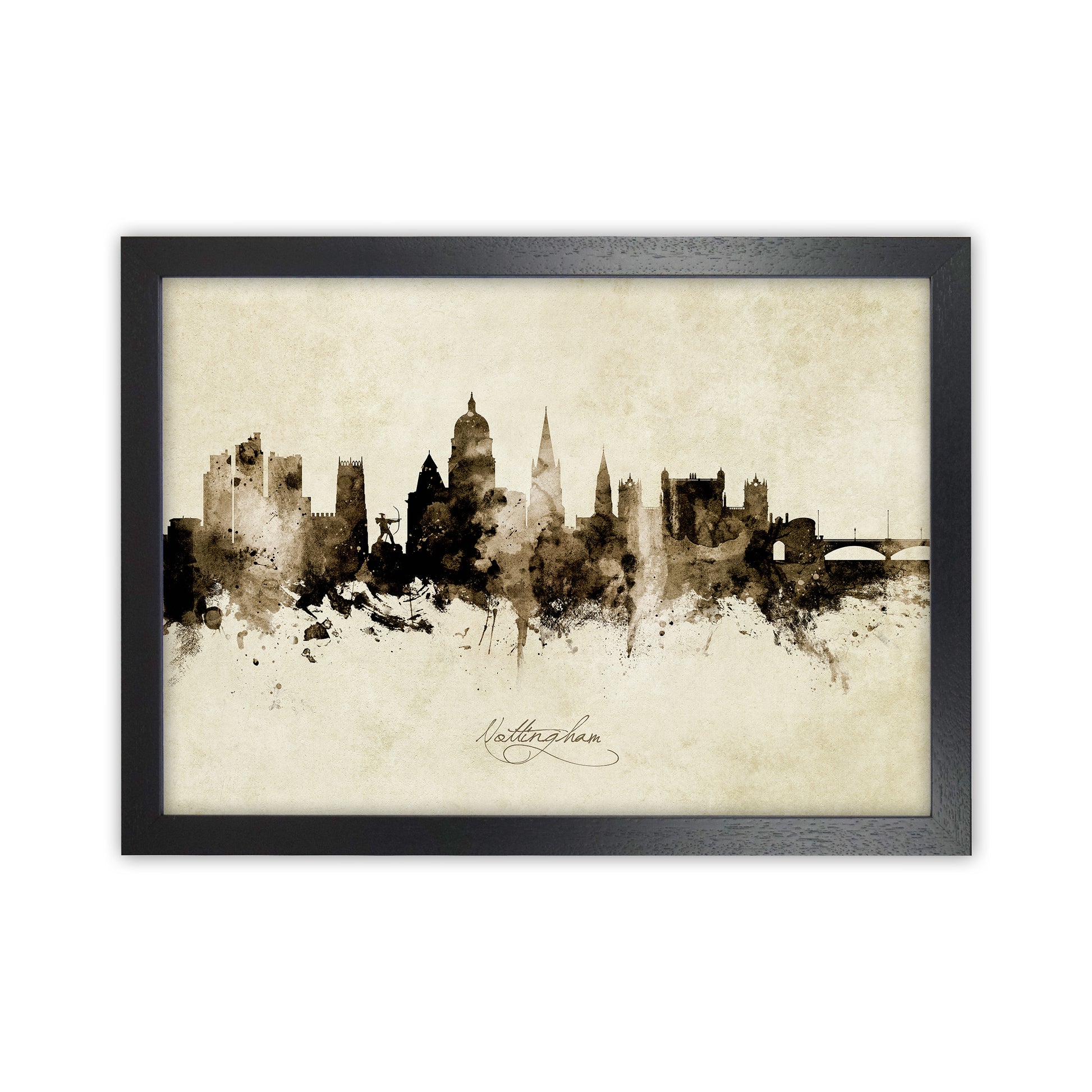 Nottingham England Skyline Vintage Art Print by Michael Tompsett Black Grain