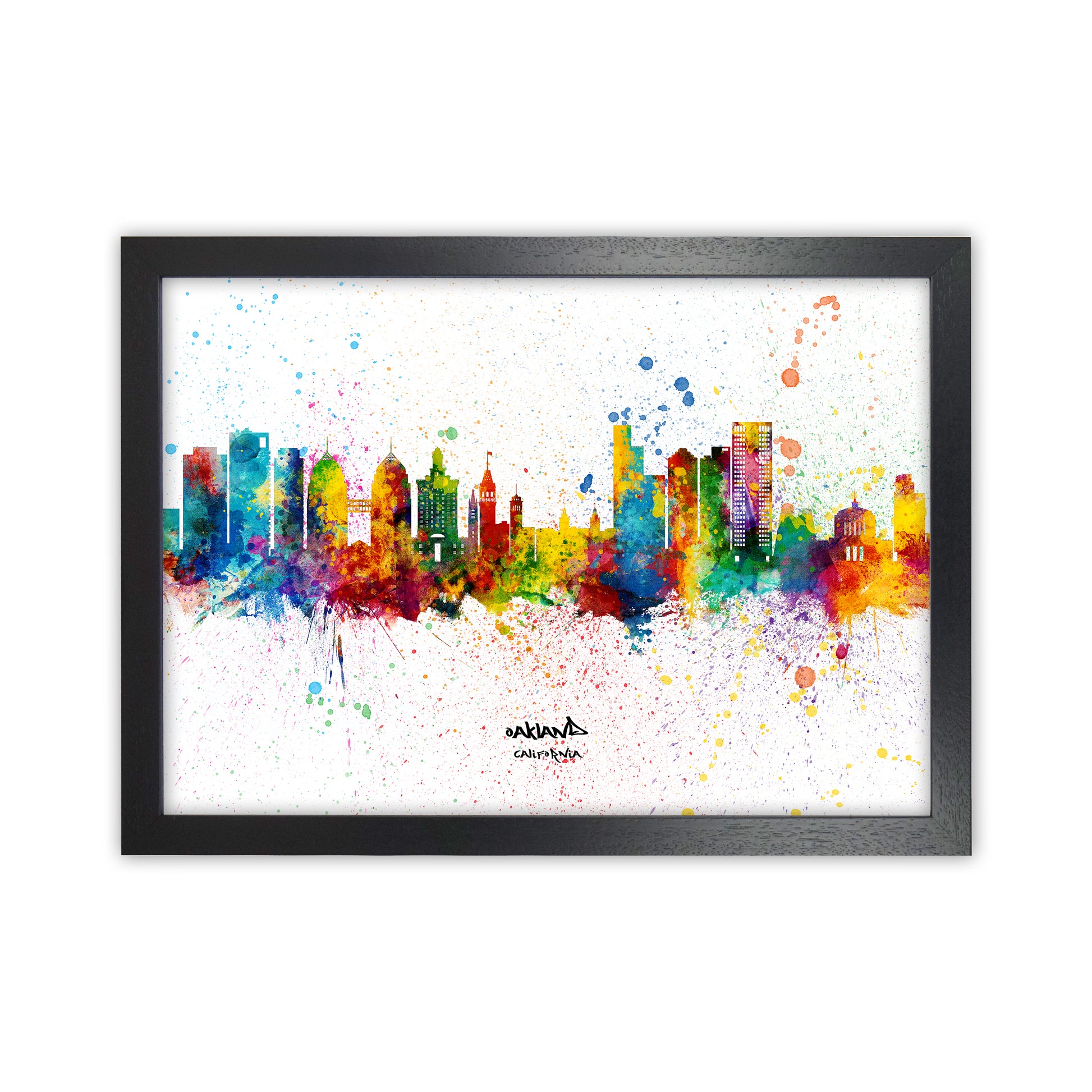 Oakland California Skyline Splash Art Print by Michael Tompsett Black Grain