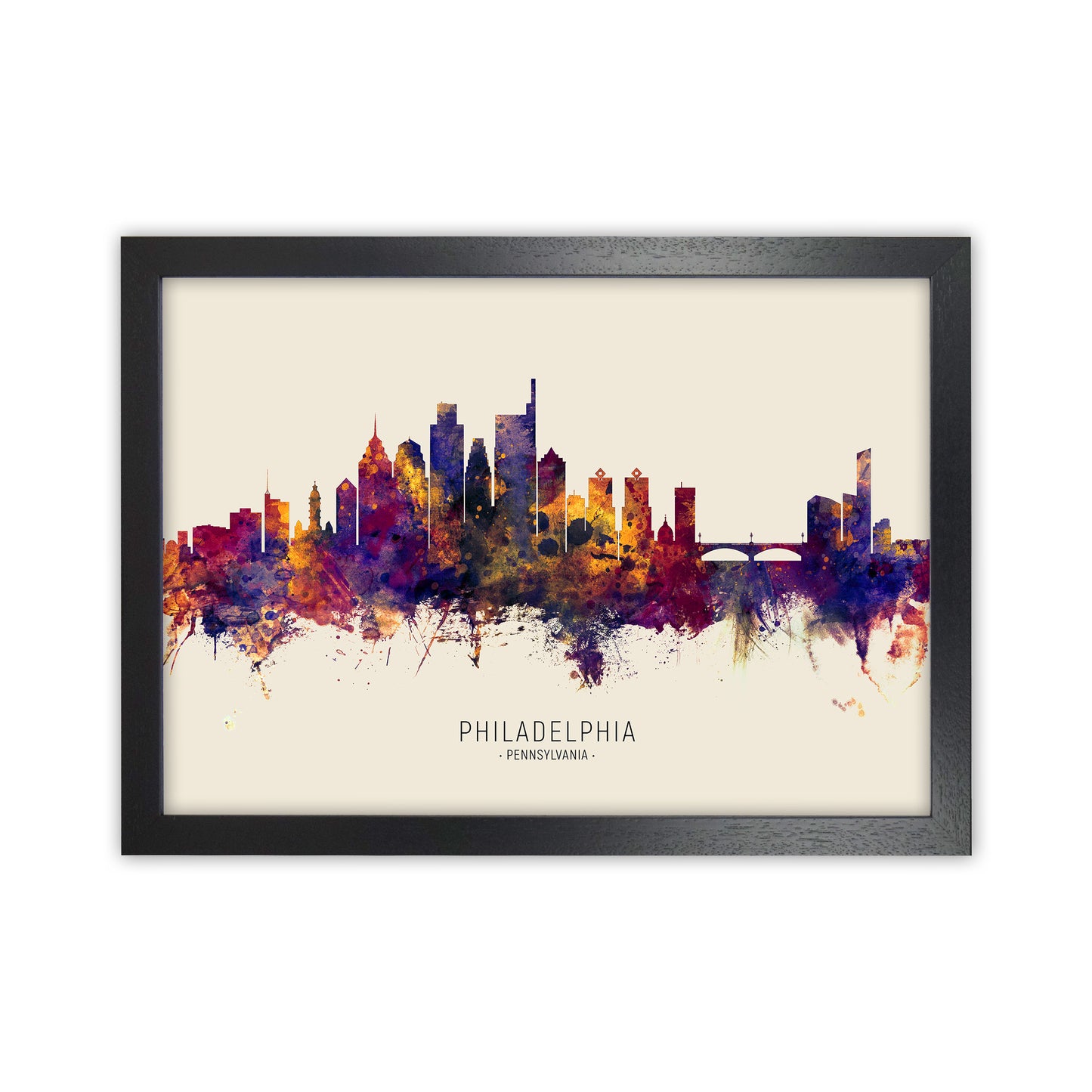 Philadelphia Pennsylvania Skyline Autumn City Name Art Print by Michael Tompsett Black Grain