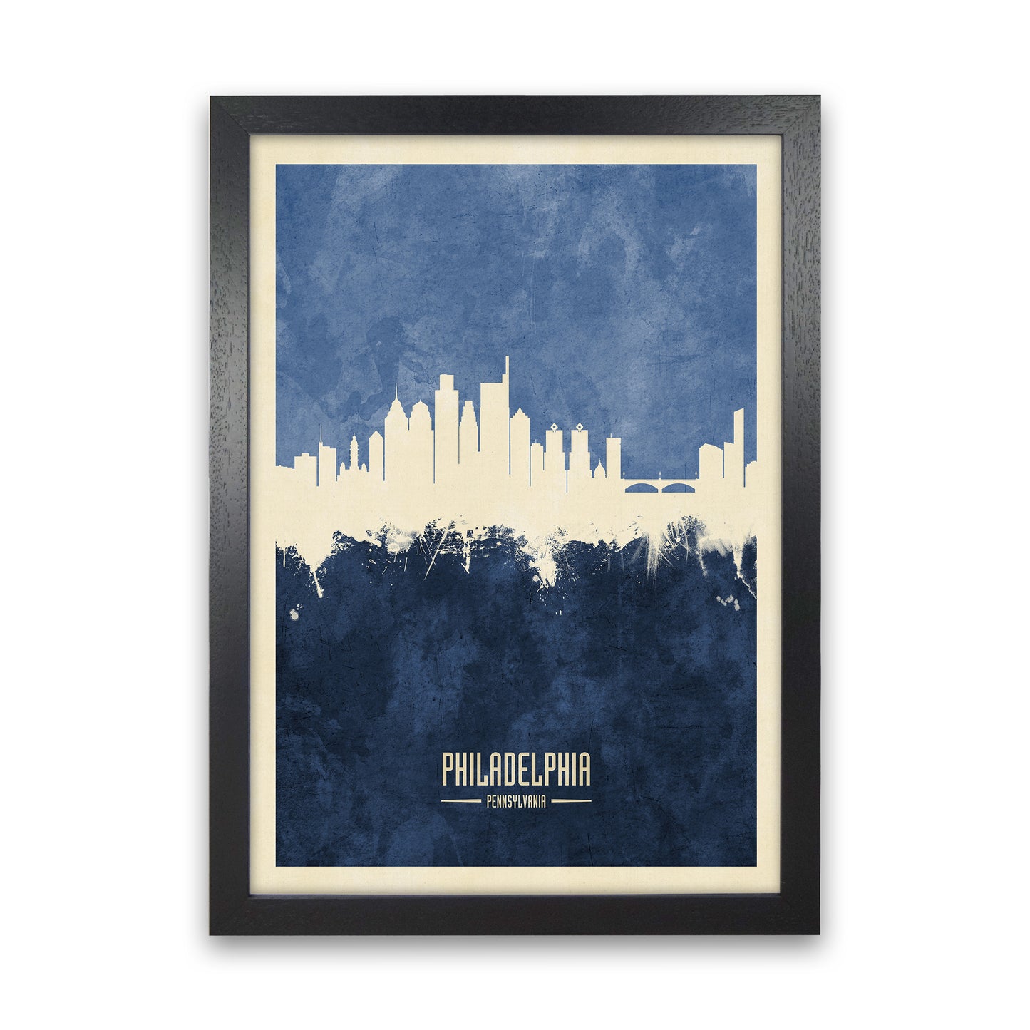 Philadelphia Pennsylvania Skyline Portrait Navy Art Print by Michael Tompsett Black Grain