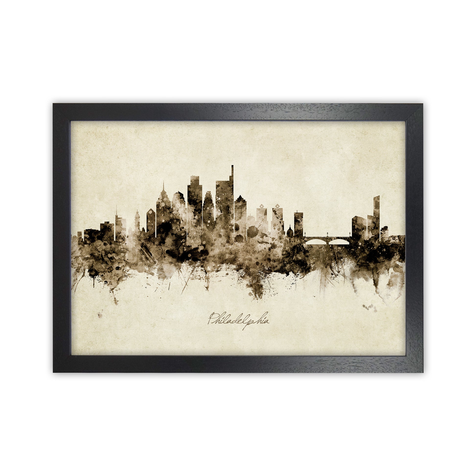 Philadelphia Pennsylvania Skyline Vintage Art Print by Michael Tompsett Black Grain