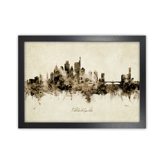 Philadelphia Pennsylvania Skyline Vintage Art Print by Michael Tompsett Black Grain