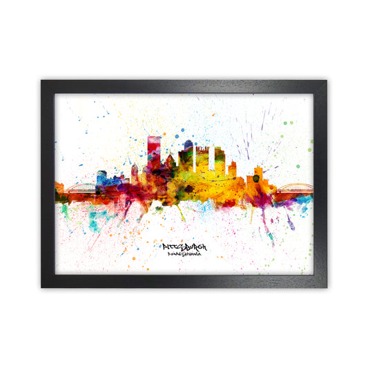 Pittsburgh Pennsylvania Skyline Splash Art Print by Michael Tompsett Black Grain