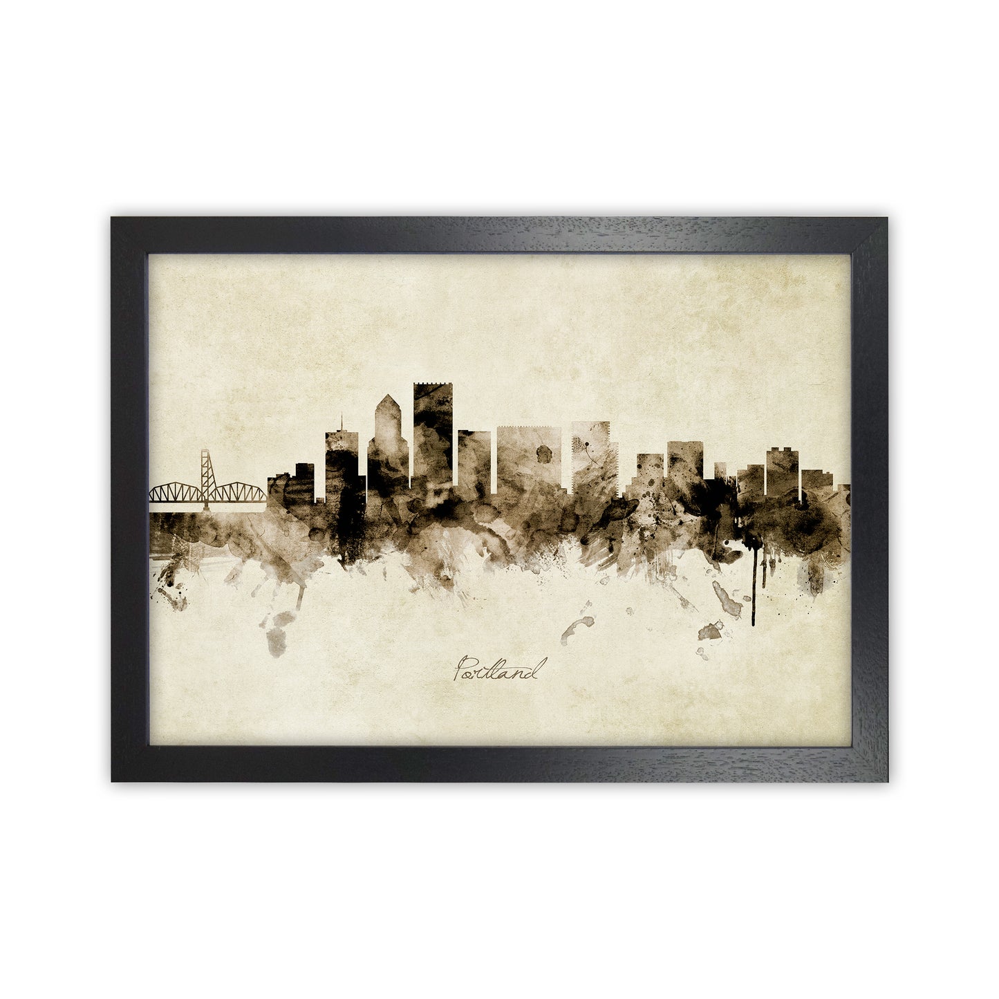 Portland Oregon Skyline Vintage Art Print by Michael Tompsett Black Grain
