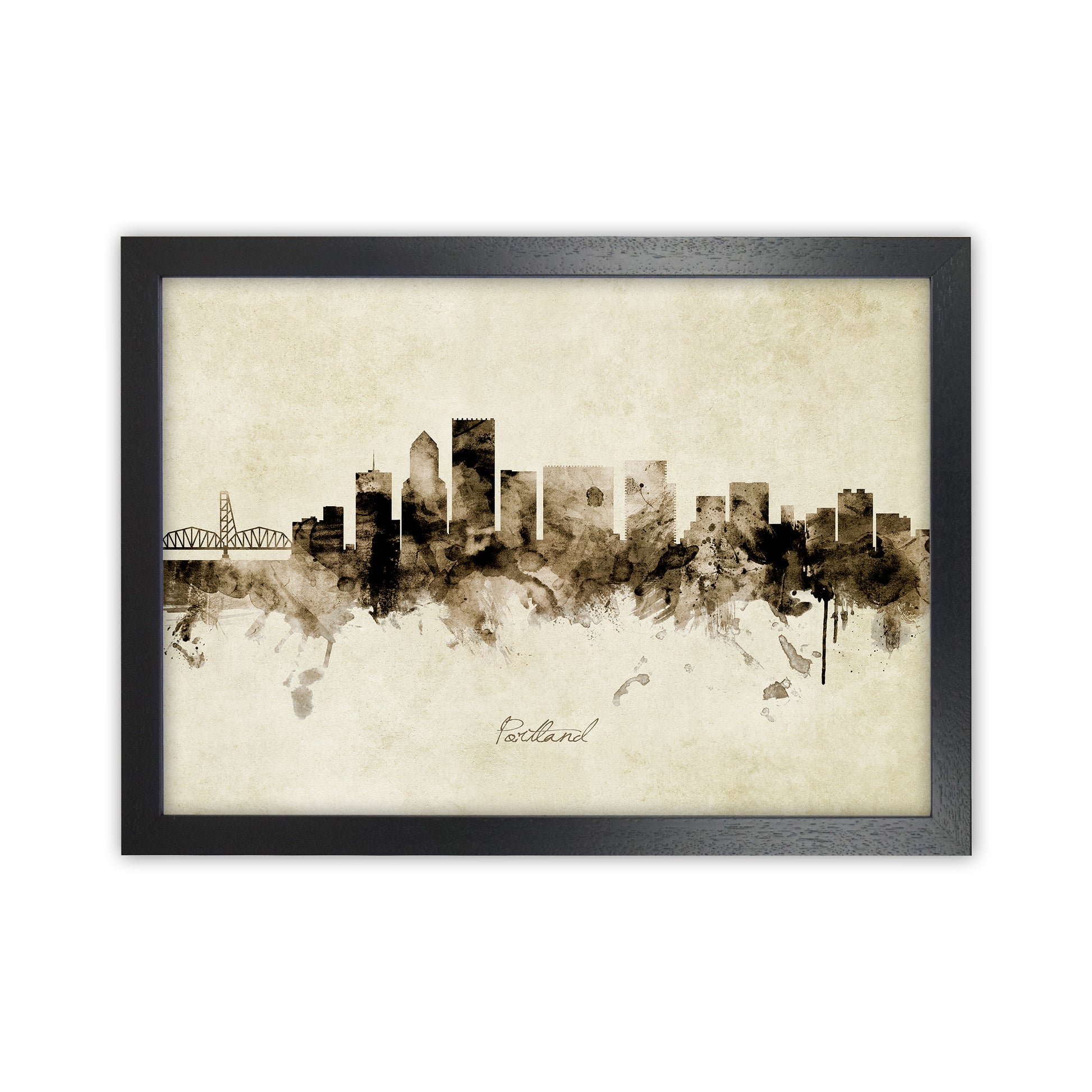 Portland Oregon Skyline Vintage Art Print by Michael Tompsett Black Grain