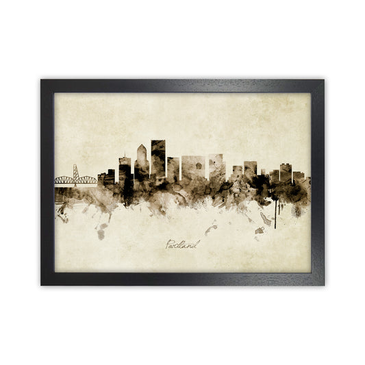 Portland Oregon Skyline Vintage Art Print by Michael Tompsett Black Grain