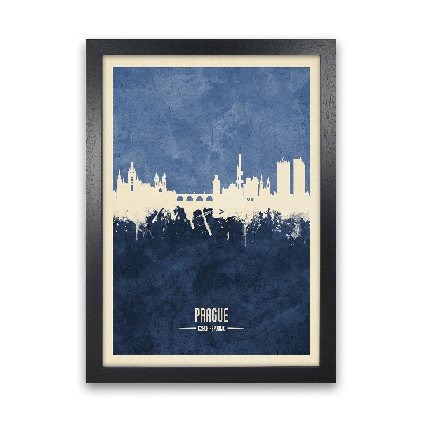 Prague Czech Republic Skyline Portrait Navy Art Print by Michael Tompsett Black Grain