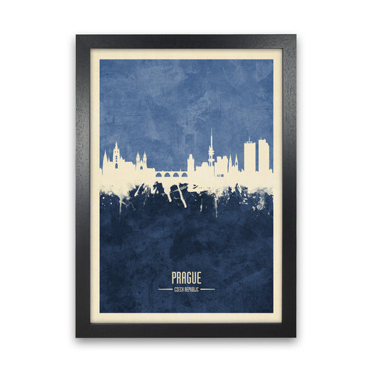 Prague Czech Republic Skyline Portrait Navy Art Print by Michael Tompsett Black Grain