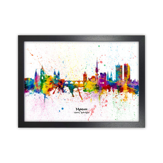 Prague Czech Republic Skyline Splash Art Print by Michael Tompsett Black Grain