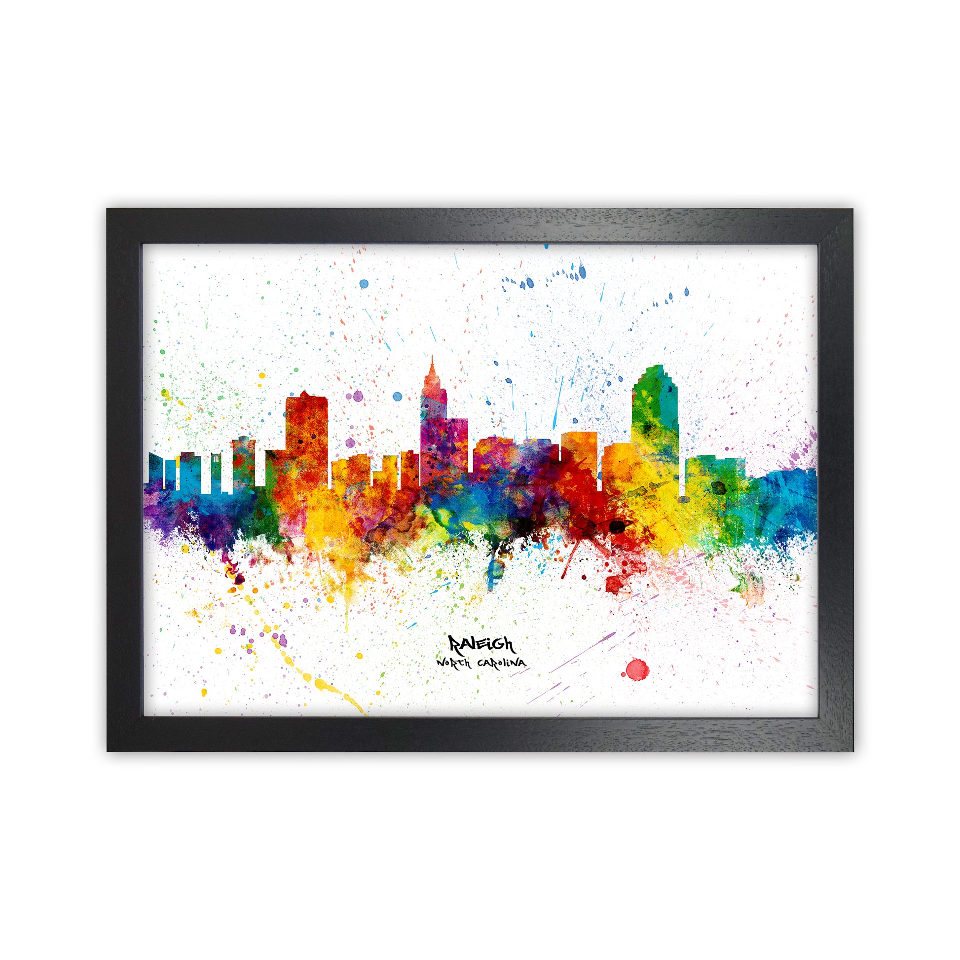 Raleigh North Carolina Skyline Splash Art Print by Michael Tompsett Black Grain