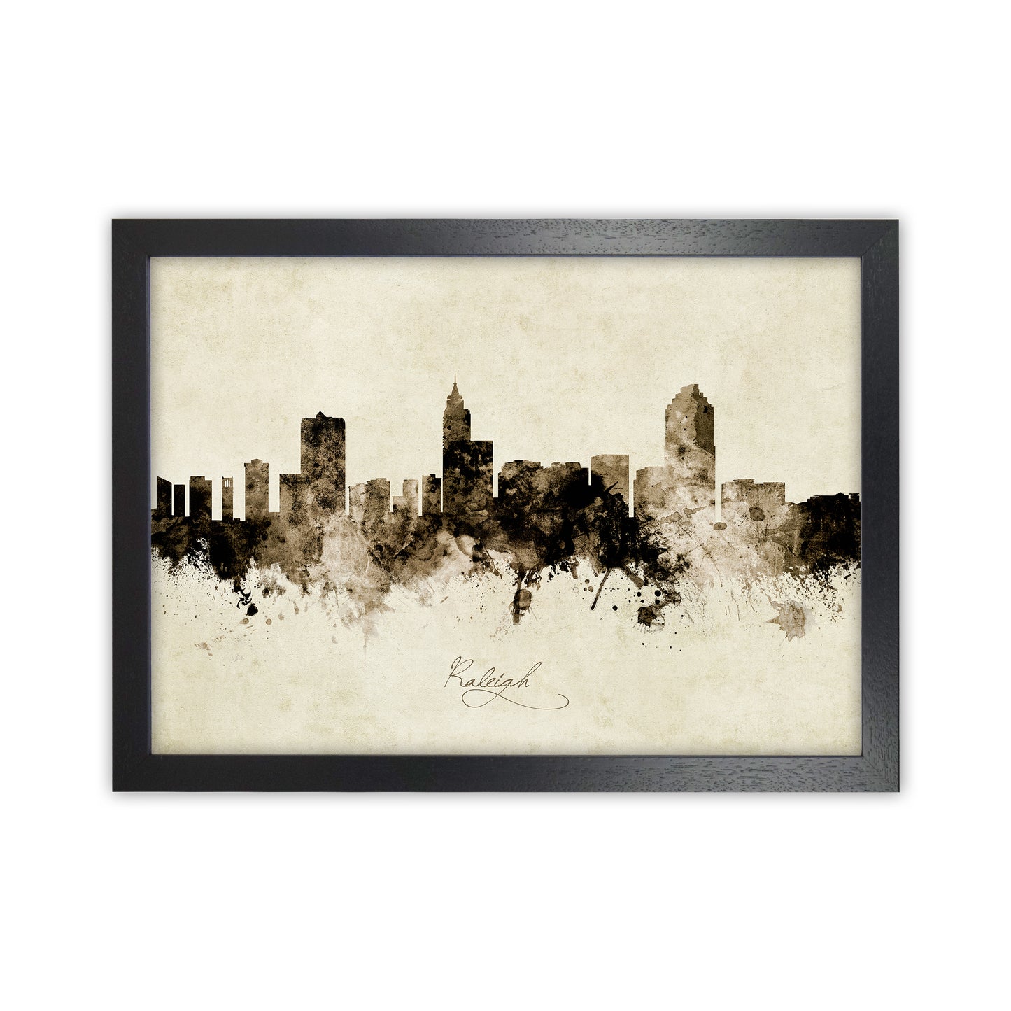 Raleigh North Carolina Skyline Vintage Art Print by Michael Tompsett Black Grain