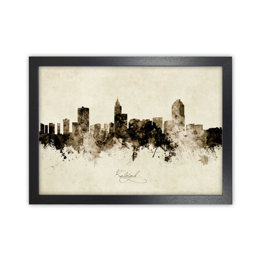 Raleigh North Carolina Skyline Vintage Art Print by Michael Tompsett Black Grain