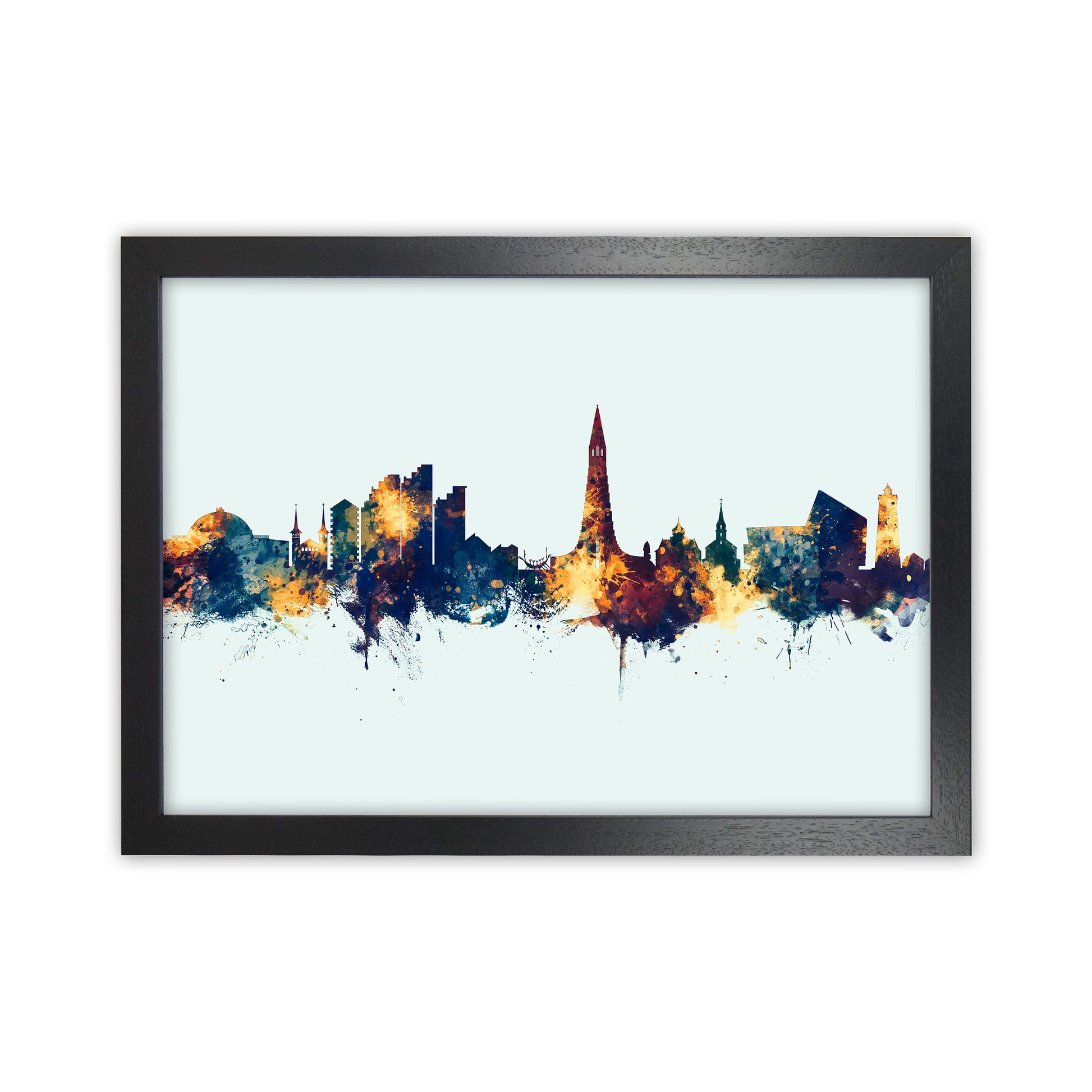 Reykjavik Iceland Skyline Blue Orange Art Print by Michael Tompsett Black Grain