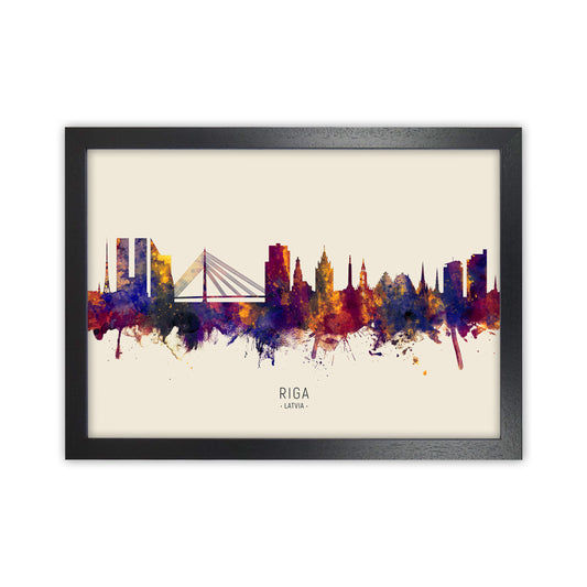 Riga Latvia Skyline Autumn City Name Art Print by Michael Tompsett Black Grain