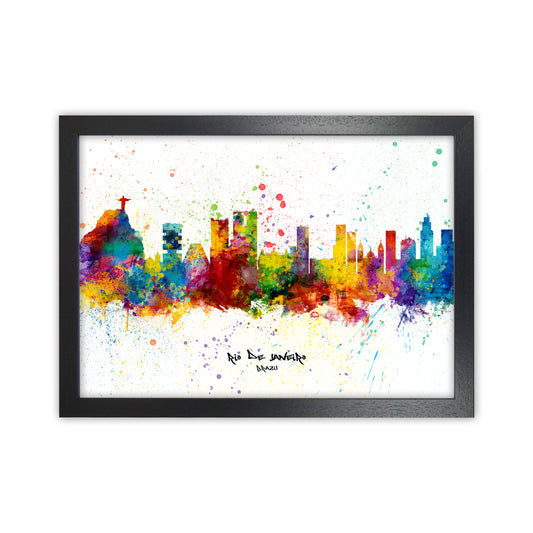 Rio De Janeiro Brazil Skyline Splash Art Print by Michael Tompsett Black Grain