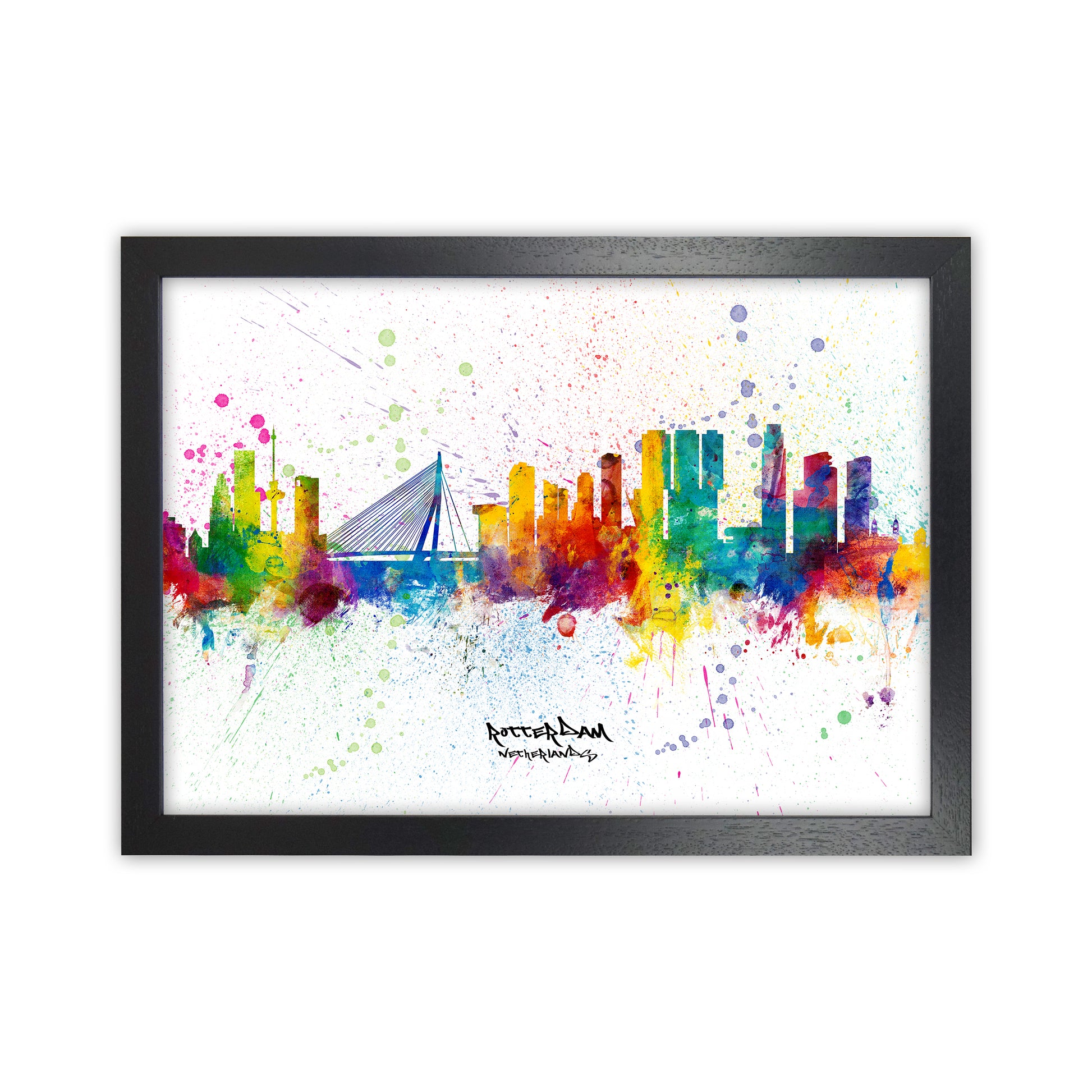 Rotterdam Netherlands Skyline Splash Art Print by Michael Tompsett Black Grain