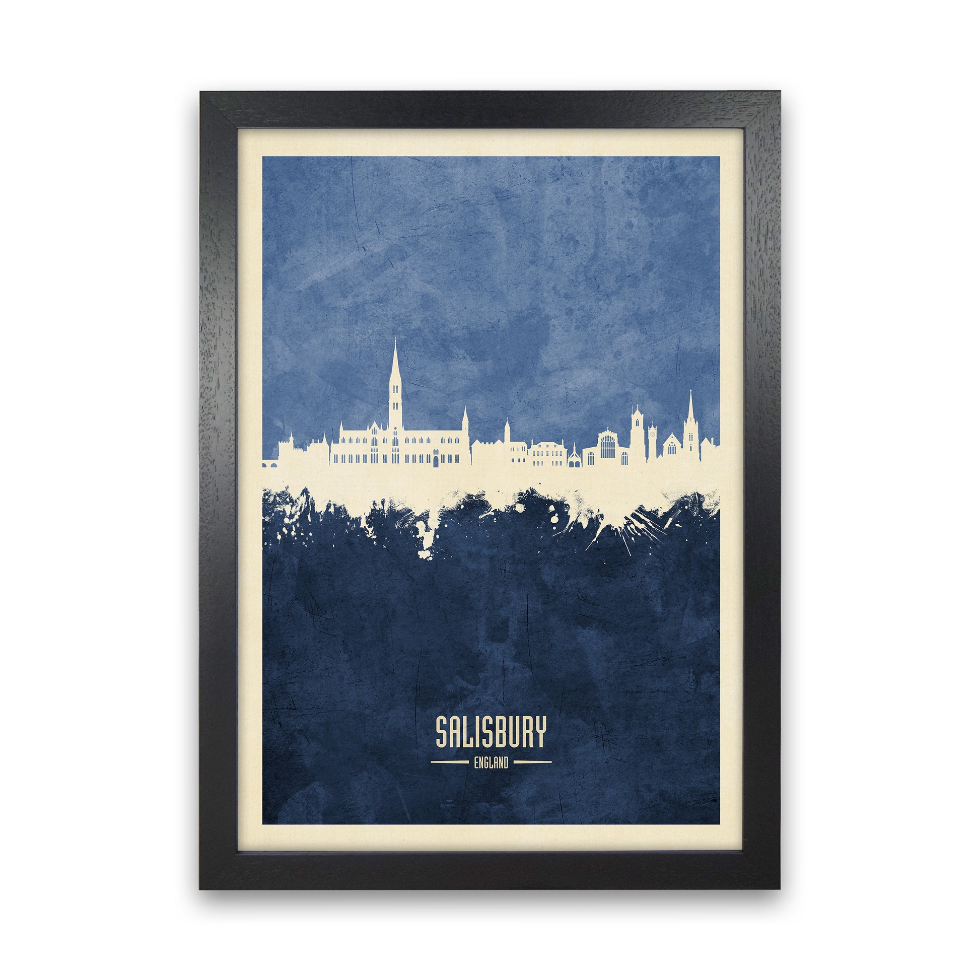 Salisbury England Skyline Portrait Navy Art Print by Michael Tompsett Black Grain