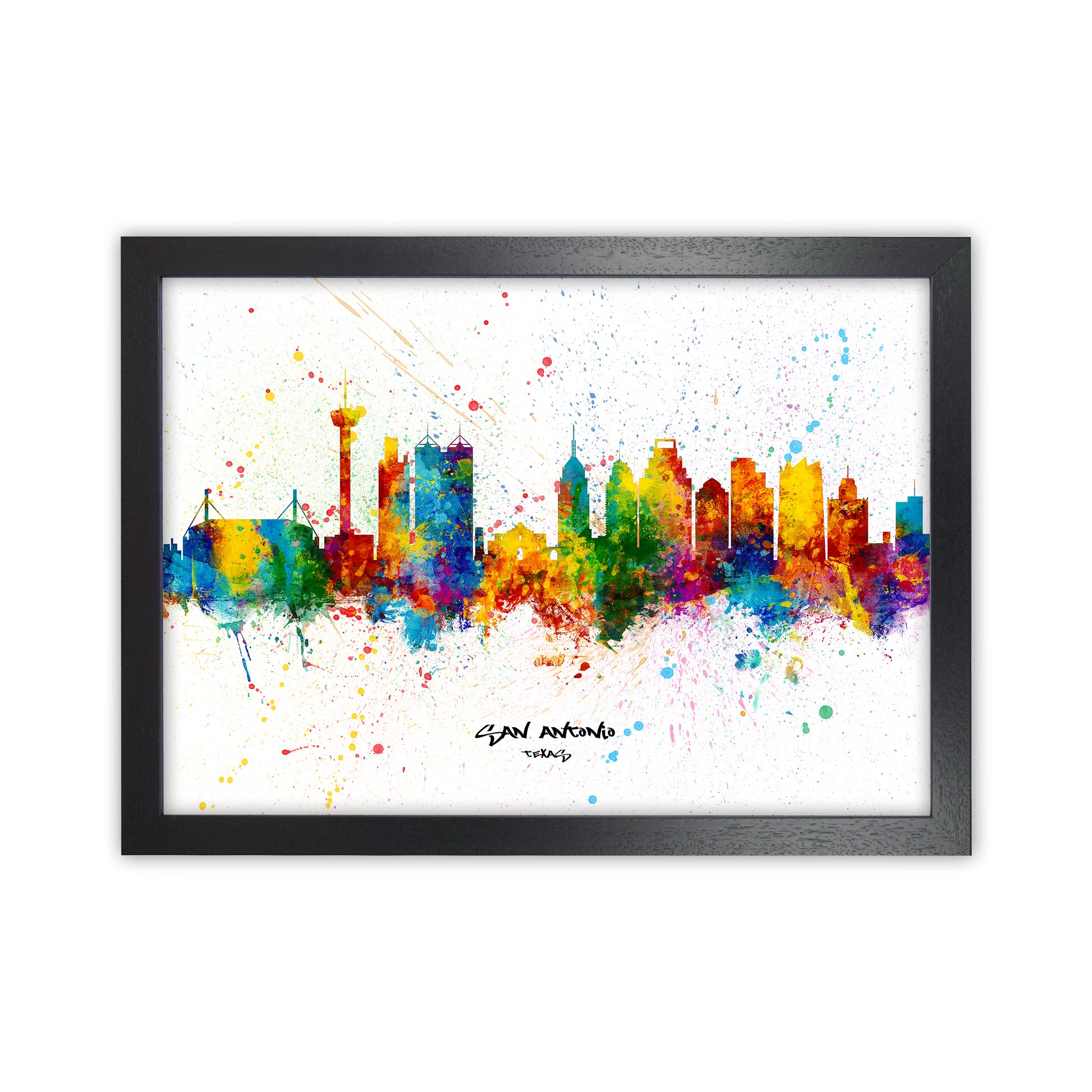 San Antonio Texas Skyline Splash Art Print by Michael Tompsett Black Grain