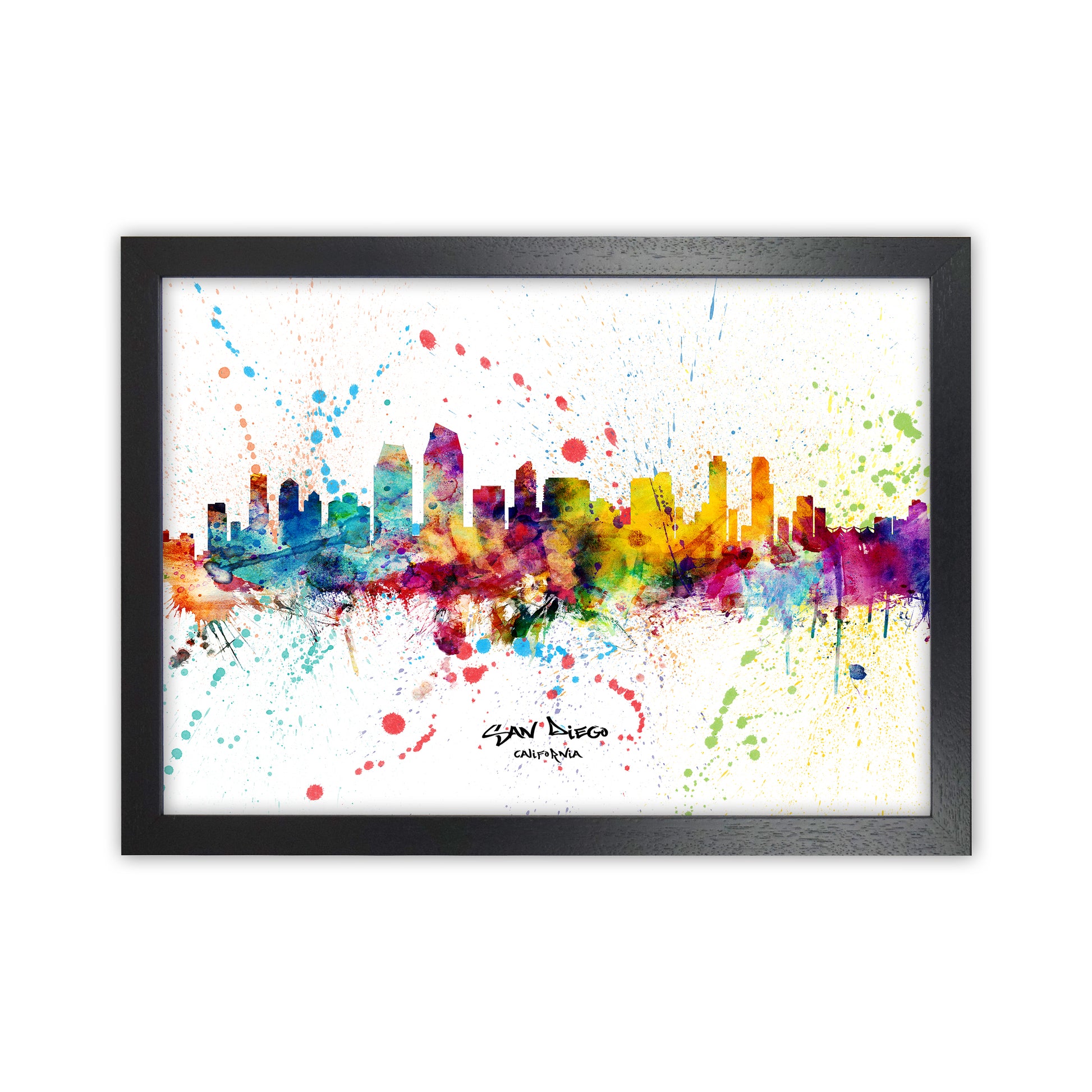 San Diego California Skyline Splash Art Print by Michael Tompsett Black Grain