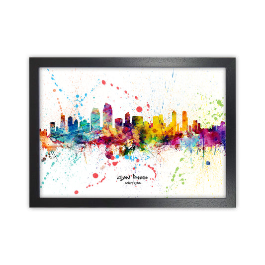 San Diego California Skyline Splash Art Print by Michael Tompsett Black Grain
