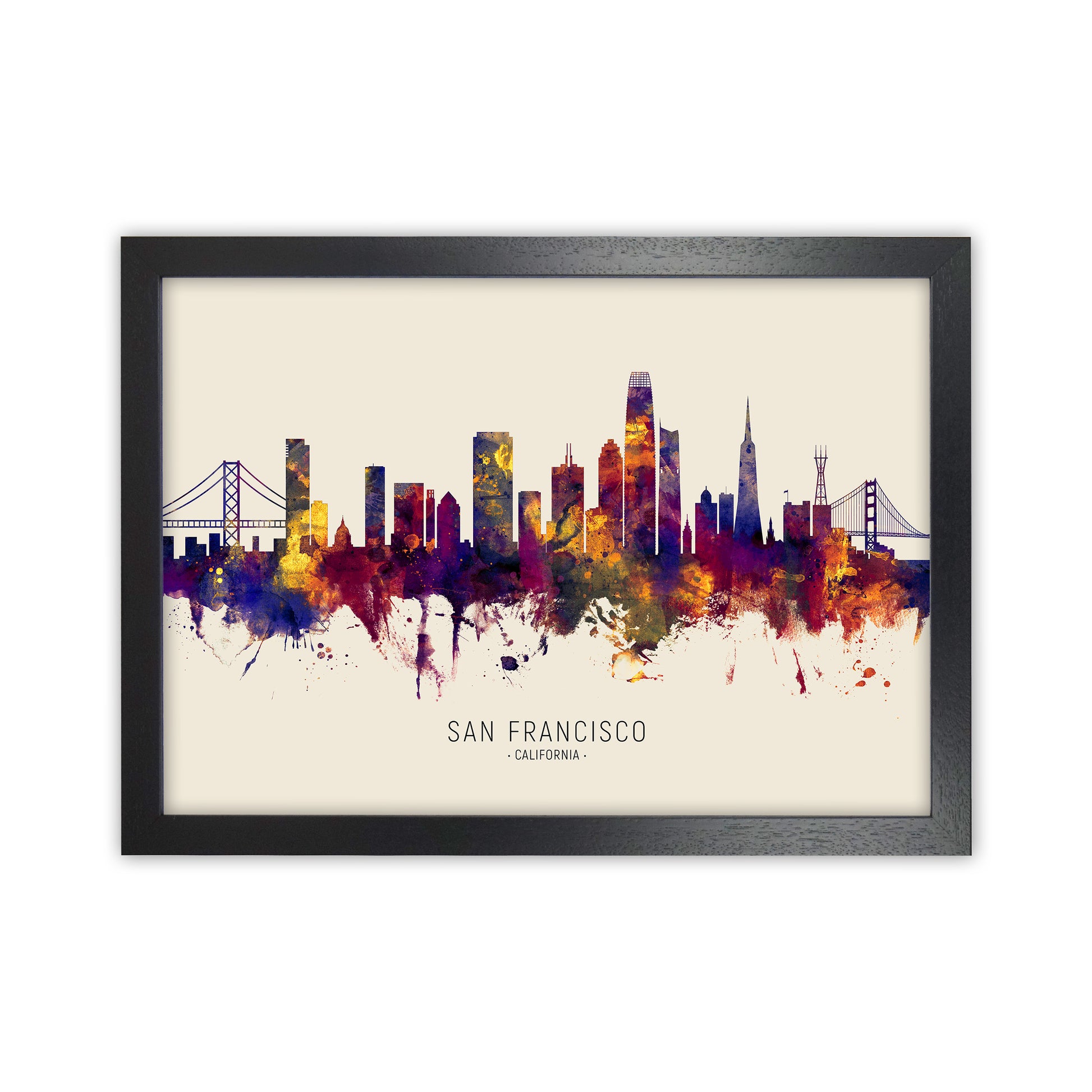 San Francisco California Skyline Autumn City Name Art Print by Michael Tompsett Black Grain
