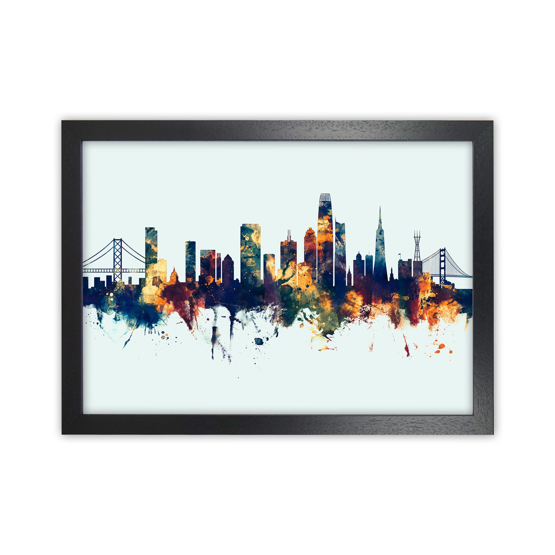 San Francisco California Skyline Blue Orange Art Print by Michael Tompsett Black Grain