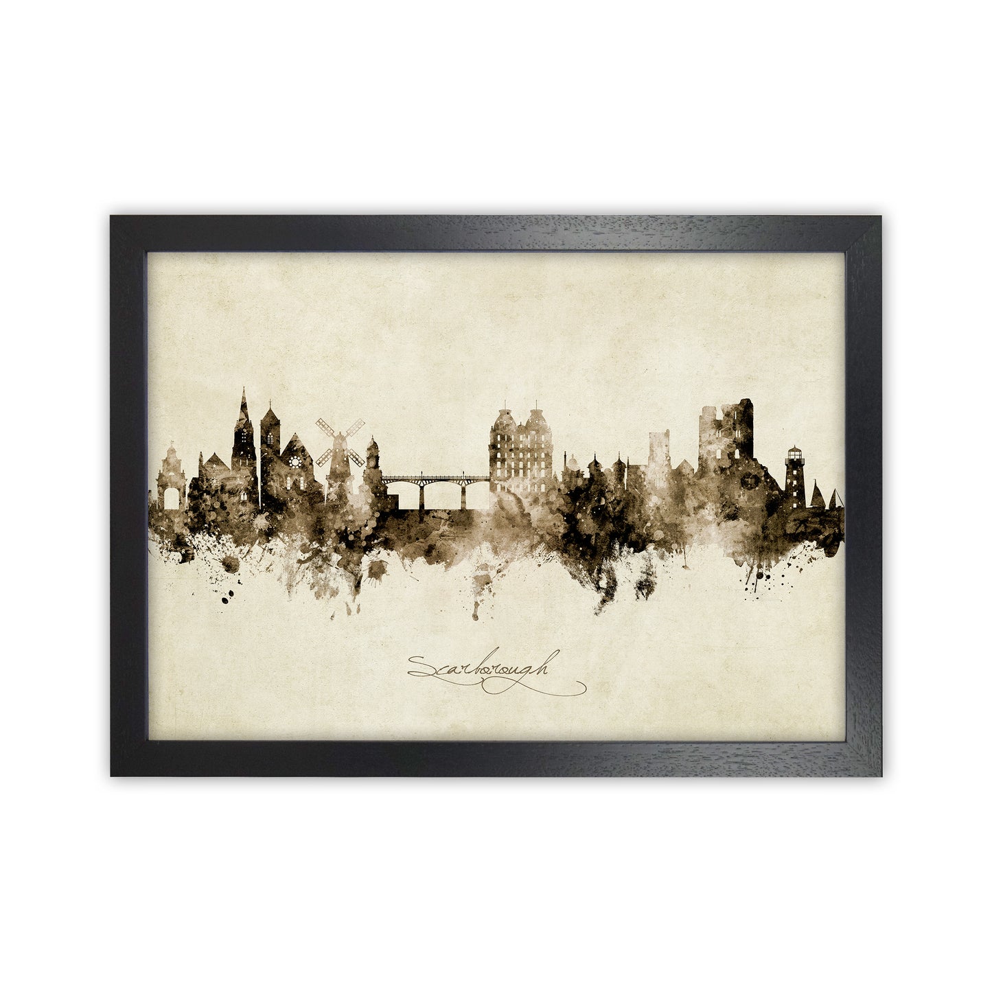 Scarborough England Skyline Vintage Art Print by Michael Tompsett Black Grain