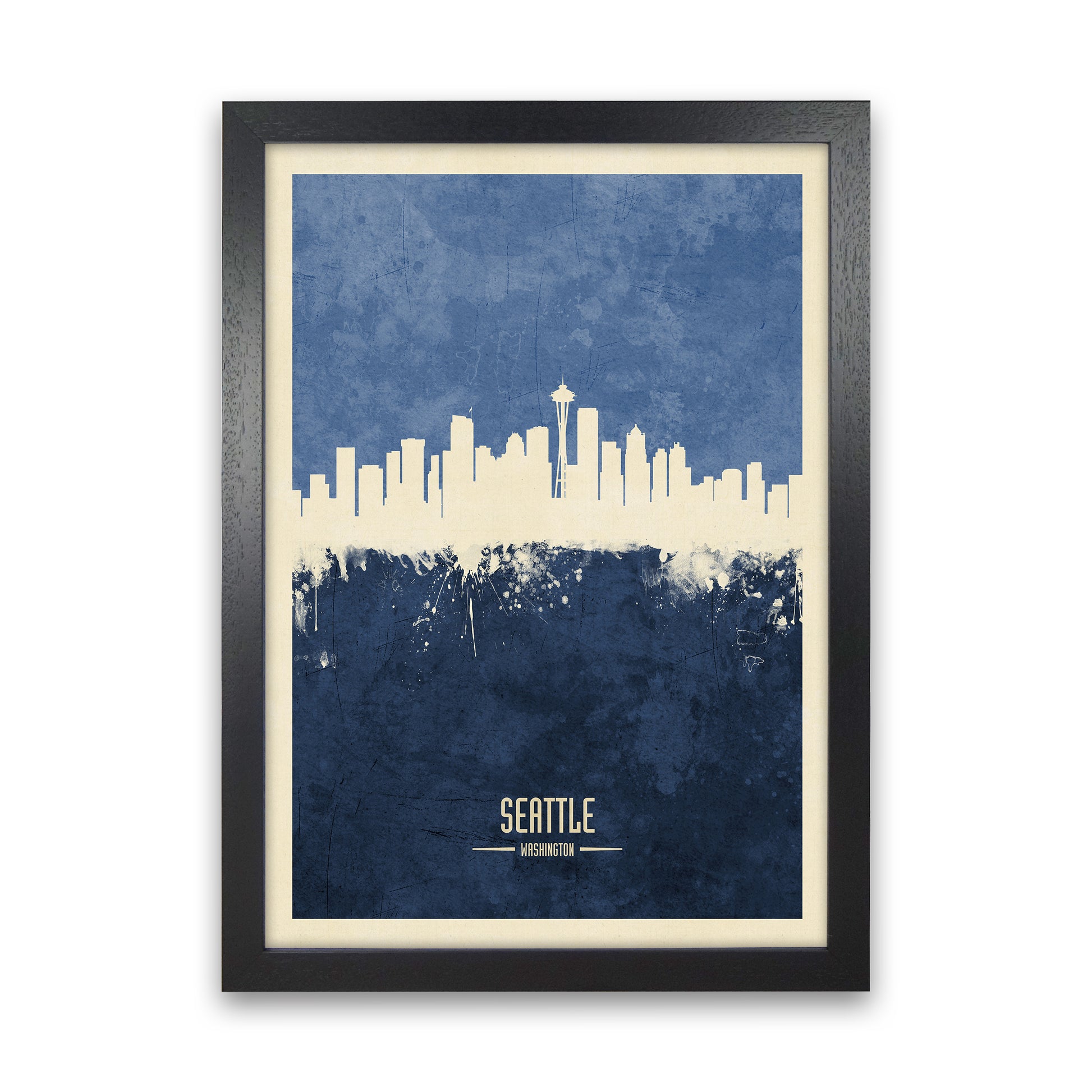 Seattle Washington Skyline Portrait Navy Art Print by Michael Tompsett Black Grain